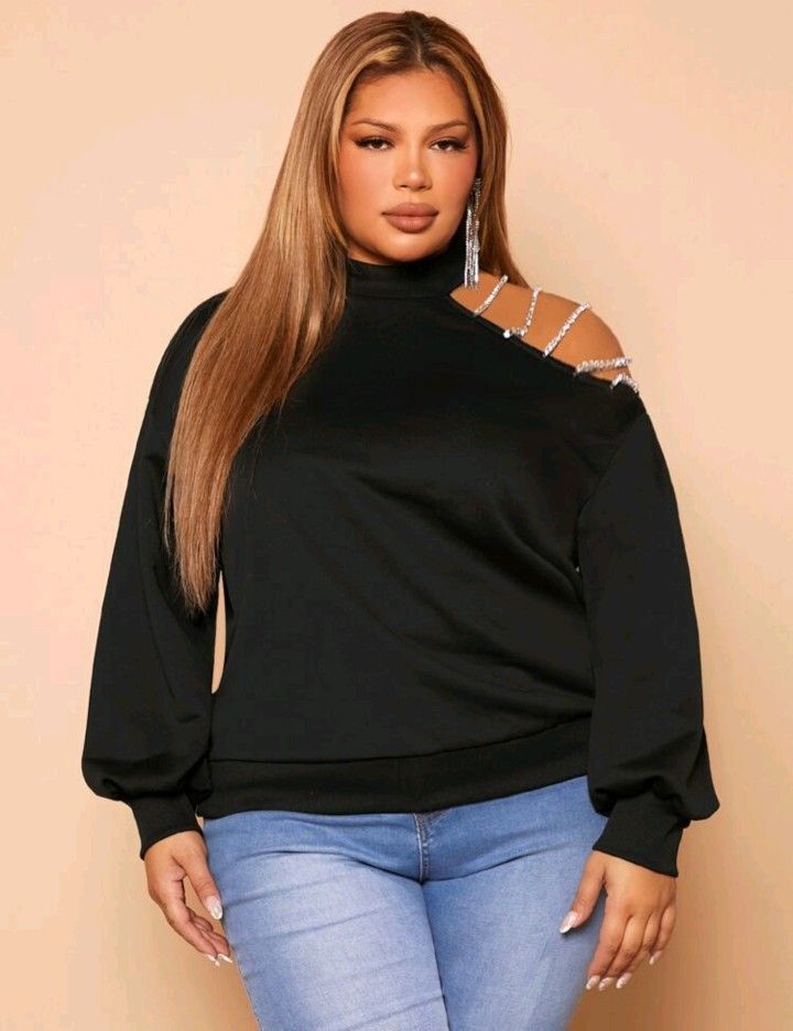 Plus Rhinestone Detail Asymmetrical Neck Sweatshirt