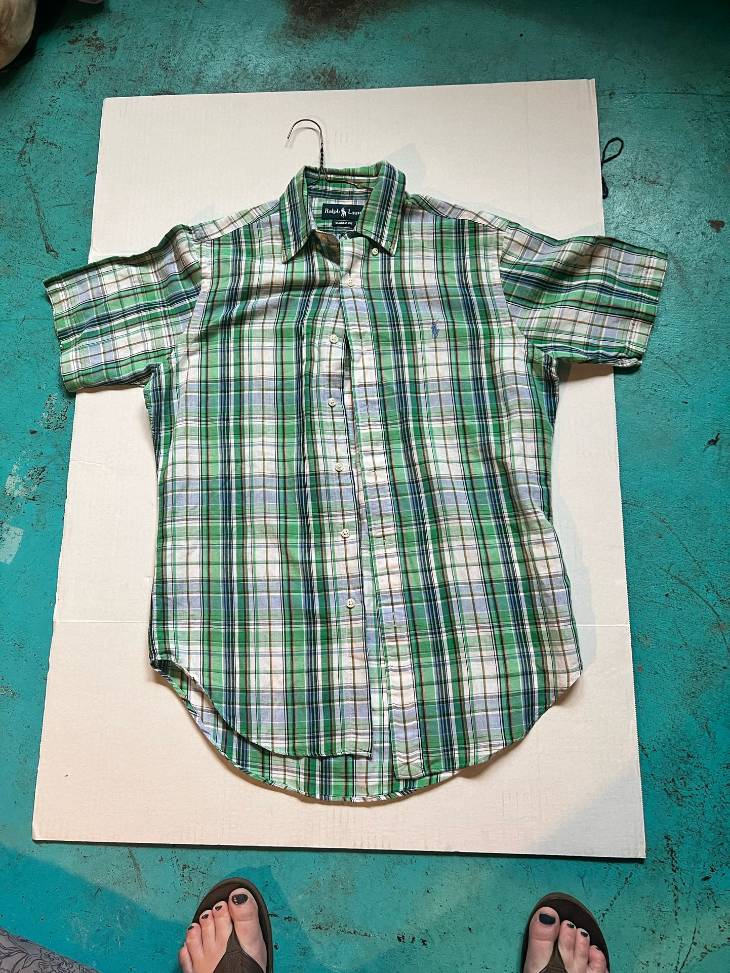 Ralph Lauren Dress Shirt Men's Short Sleeve Button Up Plaid Green Shirt
