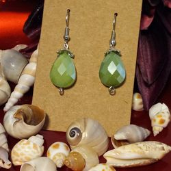 Green Teardrop With Silver Embellishment Earrings 