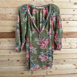 Gibson Women’s Cottagecore Green Floral Print Lightweight 3/4 Sleeve top size XL