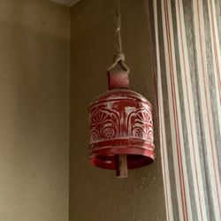 Red And White Tin Bells With Wooden Clapper And Jute Hanging Rope (Quantity -Two)