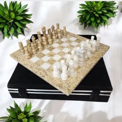 Marble Chess Set With Storage 12x12 Inch Chess Board Chess Pieces Storage Tray Coral And White 