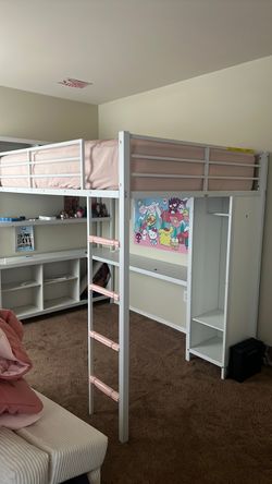 Full size White Metal Loft Bed with Desk and Shelves