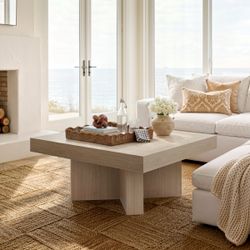 33.4'' Square Coffee Table For Living Room, Wood Center Table With A Large Tabletop And Pedestal Base, White Oak Gray