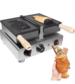 GorillaRock Taiyaki Fish Waffle Maker | Electric Taiyaki Machine | Fish Waffle Cone Maker | Nonstick Coating | Commercial-Use Ready | 110V (1 open-mou