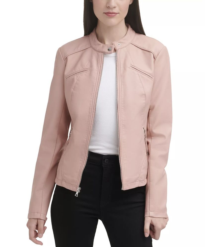 GUESS Faux-Leather Moto Jacket Pink