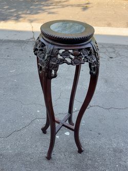 Chinese Carved Wood Pedestal Stand with Marble Top