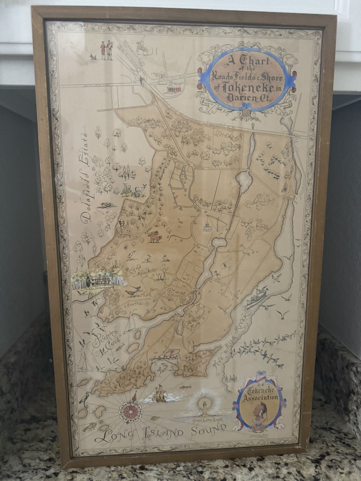1926 Painted Antique Map, Darien, Tokeneke, Connecticut (Arrowhead Rd)