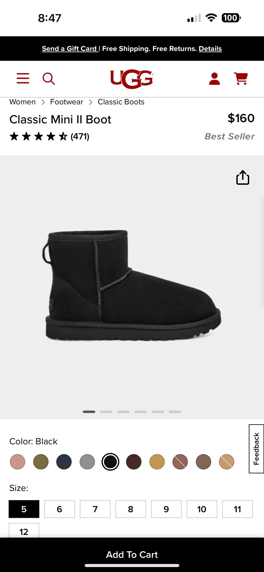 UGG Classic Mini Boot. Black. Size 6W and 5W Available.