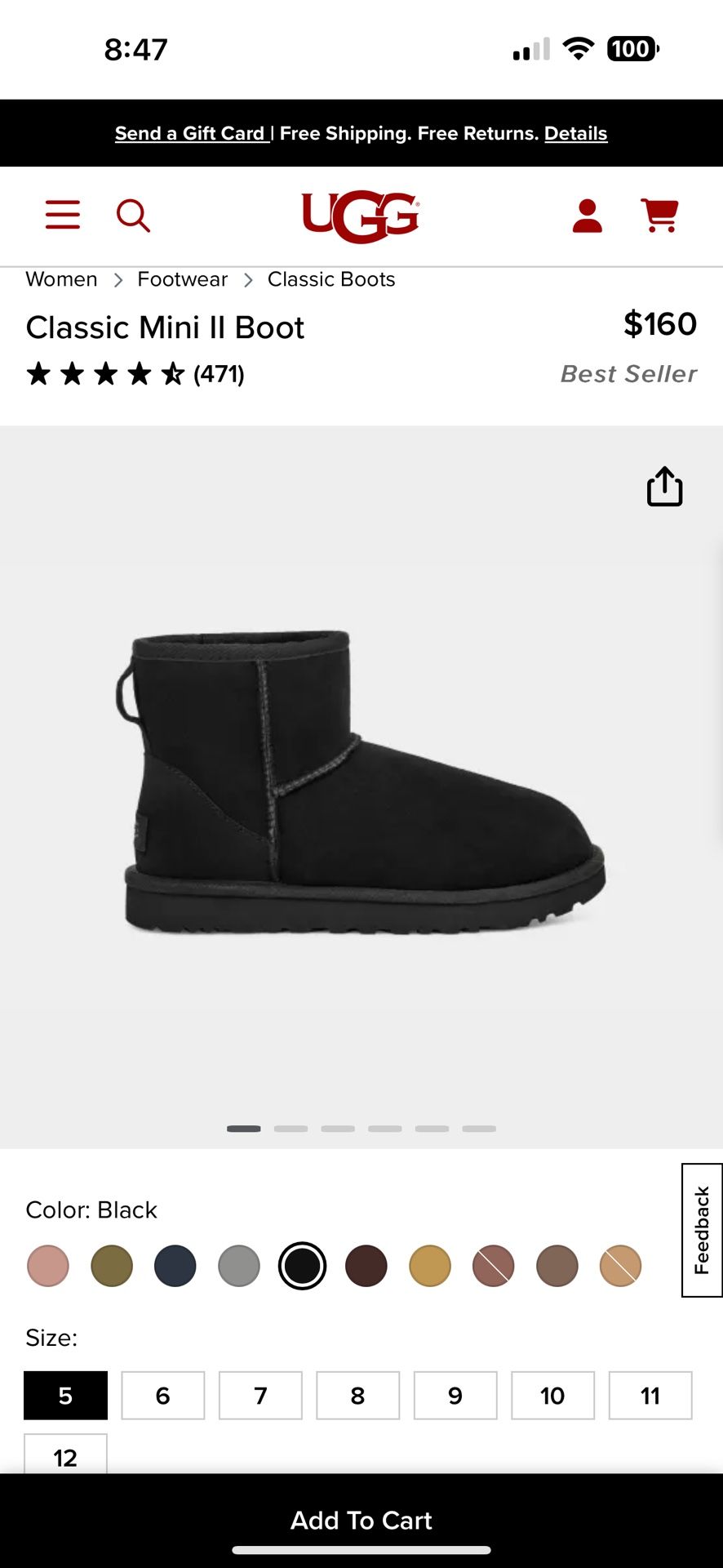 UGG Classic Mini Boot. Black. Size 5W Available.