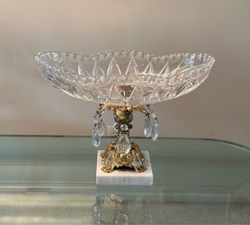 Large Vintage Hollywood Regency Crystal Cut Glass Bowl Ornate Brass Marble Base Centerpiece