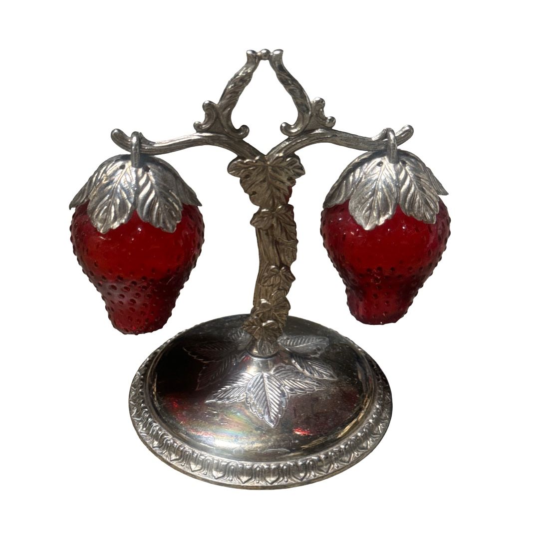 Vintage Cadmium Glass Strawberries Salt And Pepper Shakers 1960’s Silver Plate