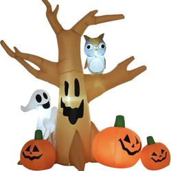 7.5' Tall Outdoor Lighted Inflatable Halloween Blow Decoration - Haunted Tree for Holiday Party Garden Lawn Yard with Owl/Ghost/Pumpkins