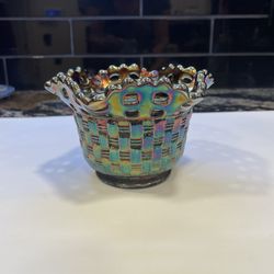  Vintage/new Fenton Basketweave Iridescent Basket/bpwl 