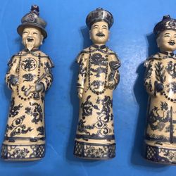 Set of Three Generations of  Qing Dynasty Emperors Porcelain Figurines, signed