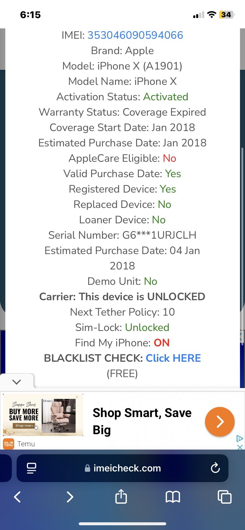 iPhone X Space gray 64GB Unlocked T Mobile