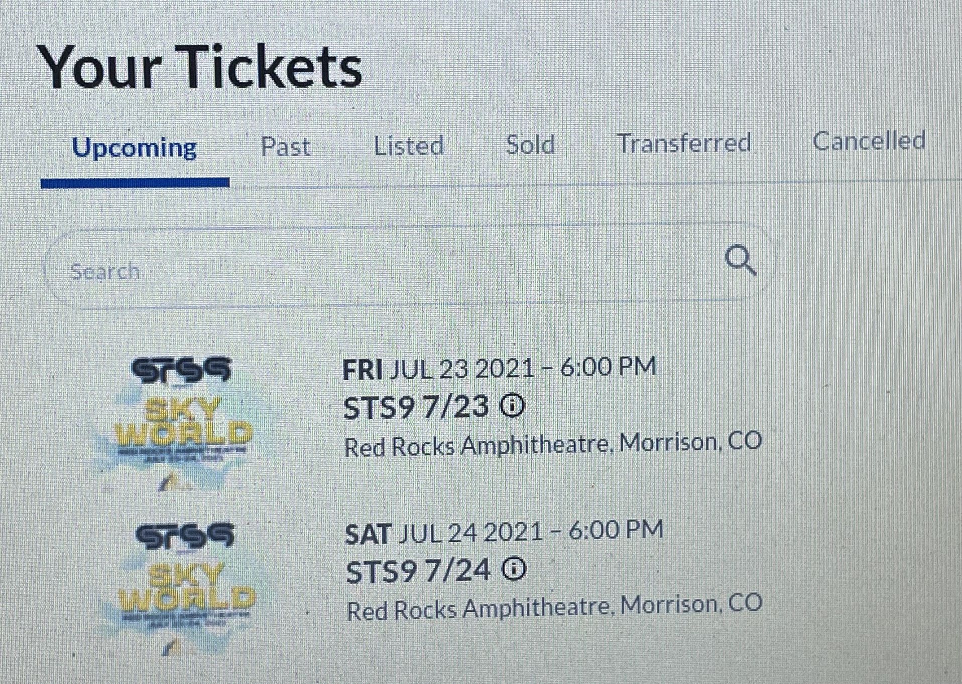 STS9 (Soundtribe Sector 9), 2 -Day Passes Red Rocks Amphitheater 