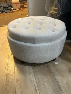 Fabric Round Storage Ottoman with Reversible Tray Lid – Multi-Functional Footrest, Hidden Storage, Sturdy (Beige)