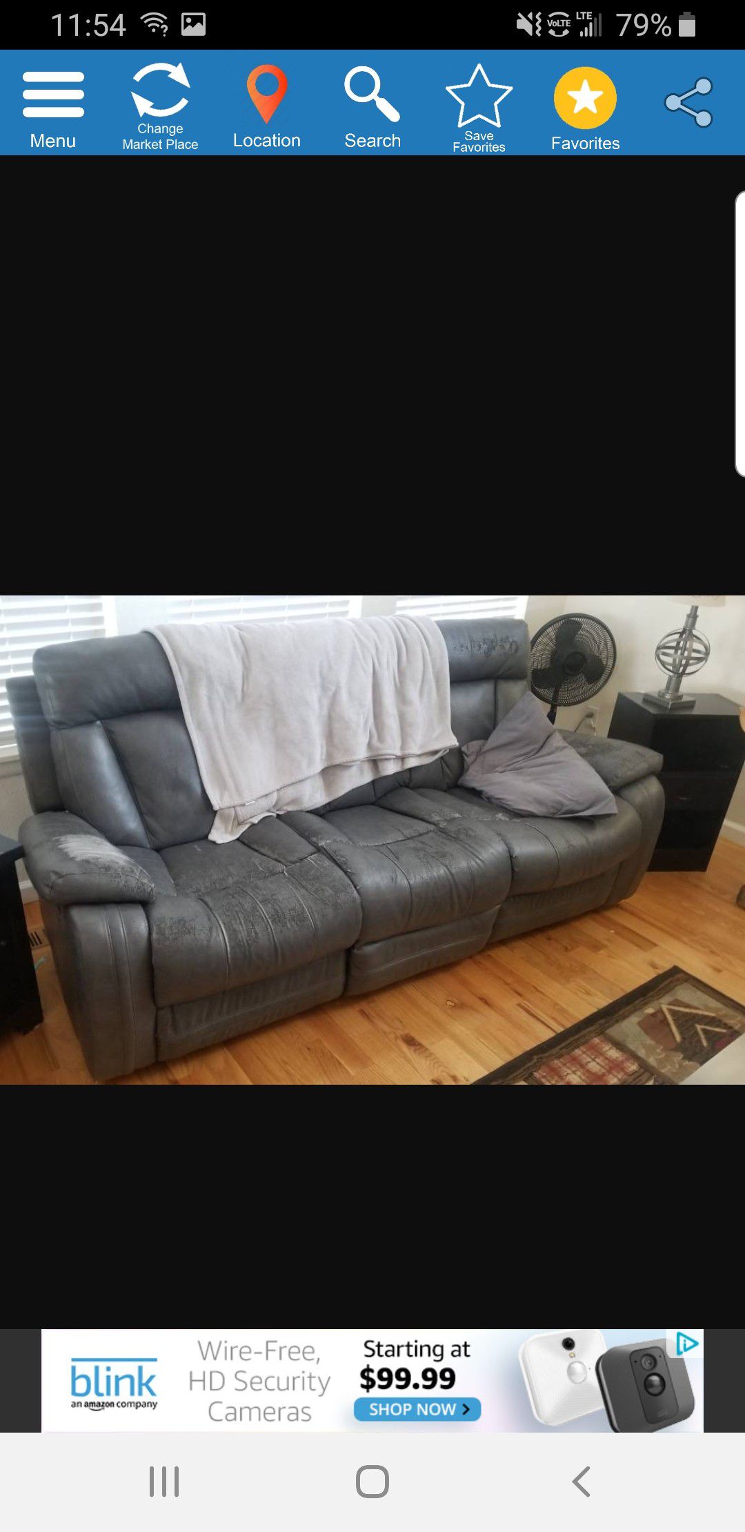 Free couches(2). Grey leather. 4 recliners in them. Rockers. Center counsel with cup holders and storage.