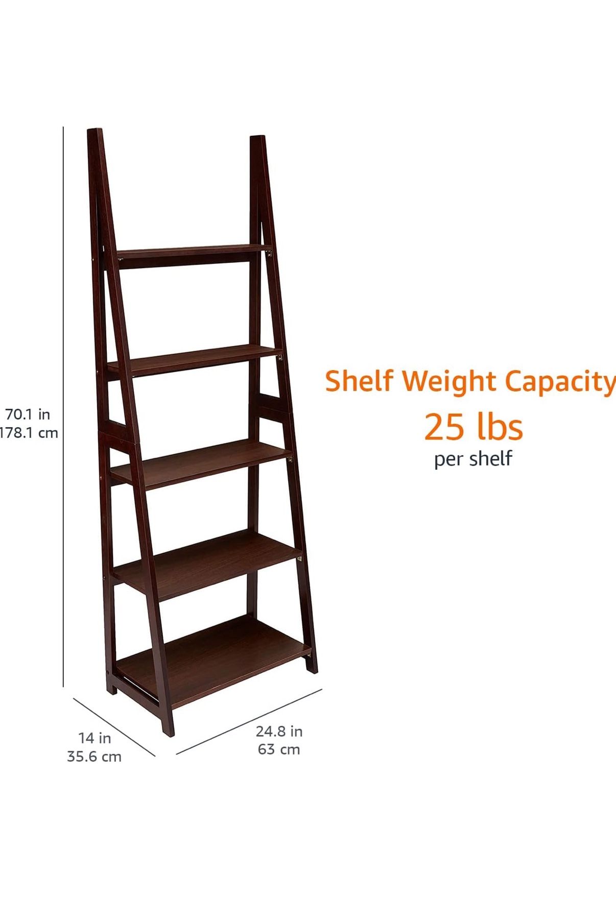 Ladder Bookshelf Organizer, Solid Rubberwood Frame, Espresso Finish, 5 Shelves, 14" D x 24.8" W x 70