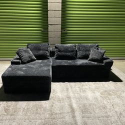 *Free Delivery* Black Corduroy Boneless Sectional Couch Sofa