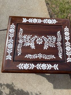 Bohemian Dark Wood Side Table with Faux Bone Inlay