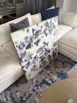 Large Abstract Floral Canvas Wall Art – Purple Blue Gray White Modern Decor