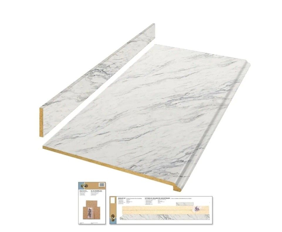 Hampton Bay Wilsonart 4 ft. Straight Laminate Countertop Kit Included in Gloss Calcutta Marble with Full Wrap Ogee Edge/Backsplash