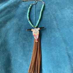 Longhorn fringe long necklace turquoise beds Western Rodeo cowgirl outfit
