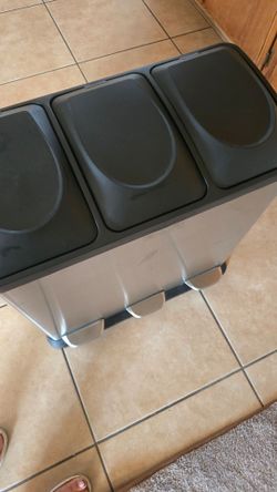 3-compartment stainless-steel step trash/recycling bin.