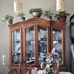  Solid Wood Dining Table and Matching Hutch. 