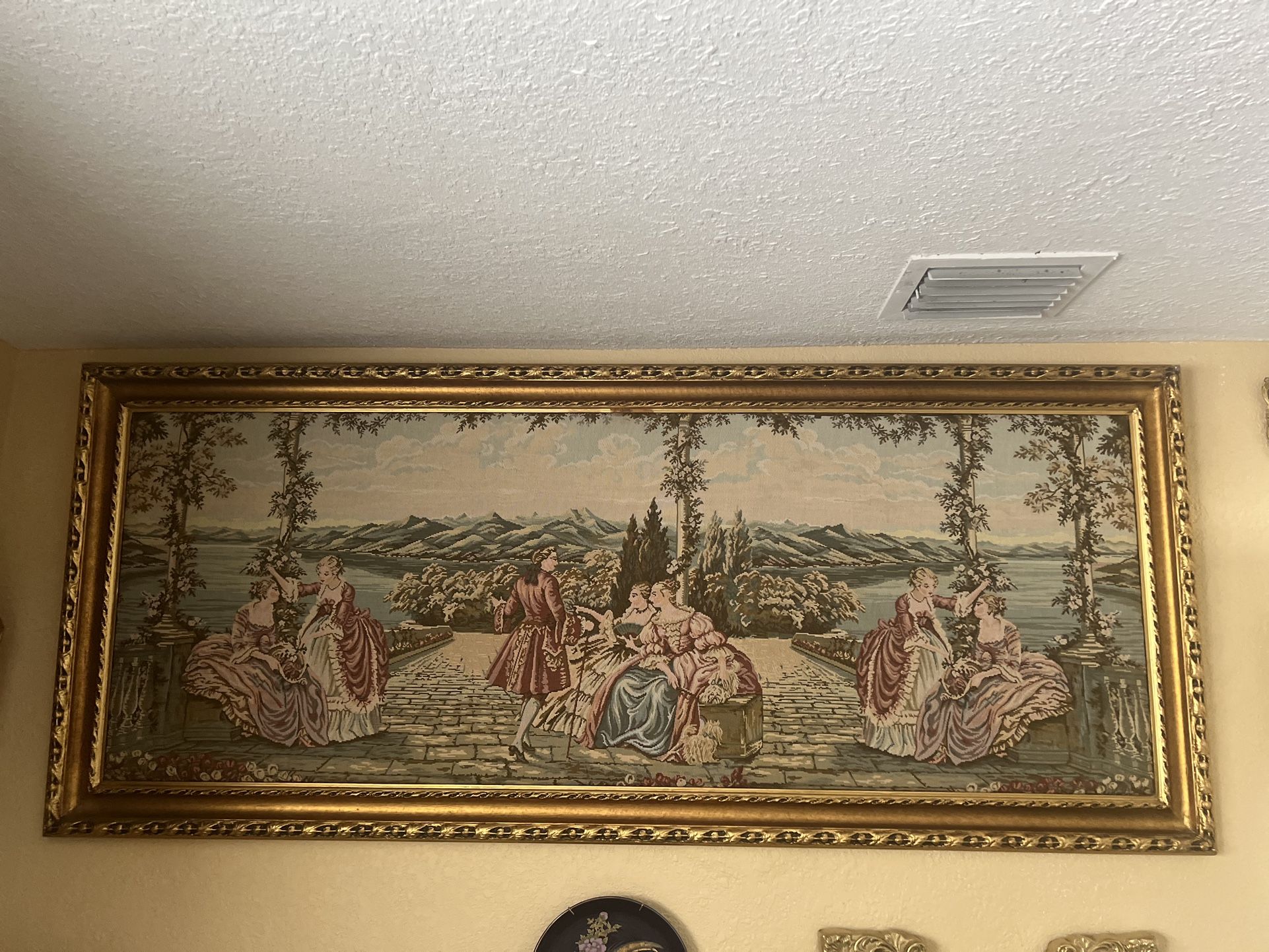 Antiguo Cuadro Tapestry Italiano Grande Bien Cuidado Alto 32 In Y Ancho 76 In