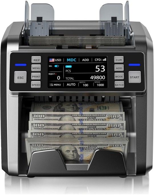 Aneken Mixed Denomination Money Counter with Counterfeit Detection, Touch Screen, and 2CIS/UV/MG/IR/DD/DBL/HLF/CHN, Value and Mixed Counting for Accur