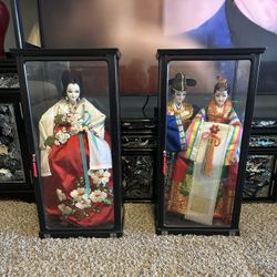 Large Oriental Asian, Korean Japanese Dolls And Cases