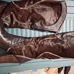 Brown Leather Animal Hair Western Cowboy Knee High Boots Women Size 7