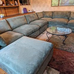 New 158x119 Sage Corduroy Sectional Couch With Ottoman / Free Delivery 
