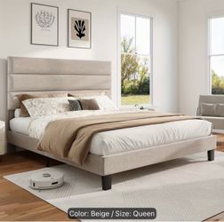 Queen Bed Frame with Linen Upholstered Headboard, Modern Platform Bed