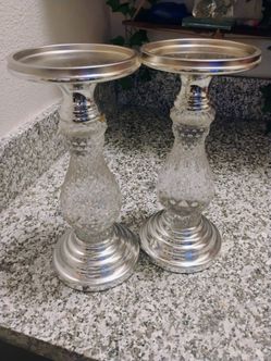 Crystal and Silver Pillar Candleholder Set of 2