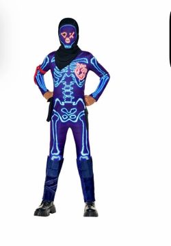 New, kids ages 8-10. Fortnite Party Trooper Halloween costume with blue glowing skeleton design on a dark background #fortnite #cosplay #halloweencost