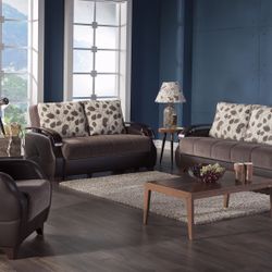 NEW 3 PCS SOFA BED , LOVESEAT AND CHAIR WITH STORAGE BROWN