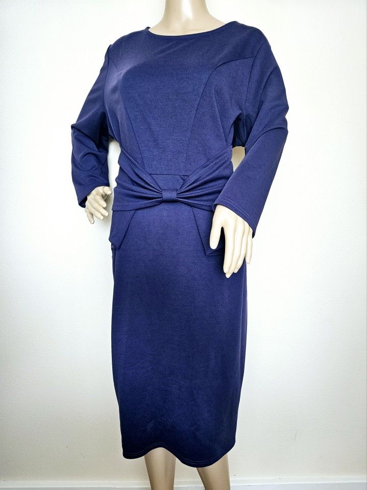 NWT CEASIKERY Long Sleeve Bow Knot Peplum Dress Violet Blue XL 14 Stretch