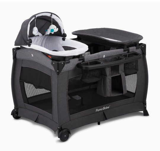 Pamo Babe Deluxe Nursery Center, Foldable Playard for Baby & Toddler, Bassinet, Mattress, Changing Table for Newborn (Black)