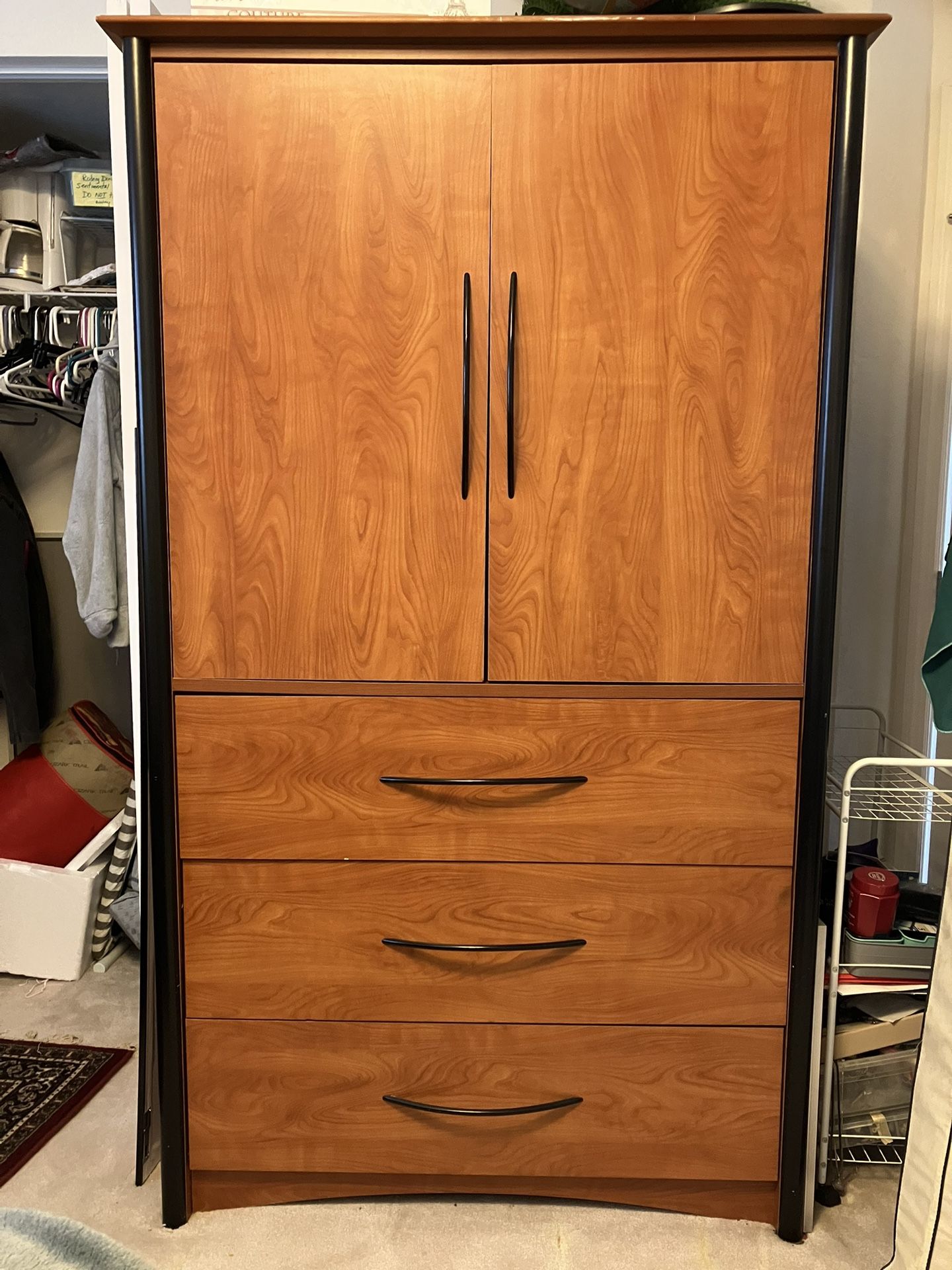 Dresser/Media Stand Armoire Brown Wood Black Accents