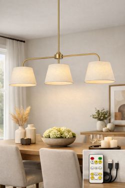 Brushed Brass 3‑Light Pendant – Fabric Shade Dining Chandelier