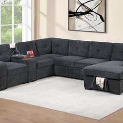 New Sleeper Sectional Couch with Console, USB & Cup Holders! Free Delivery 🚚! 