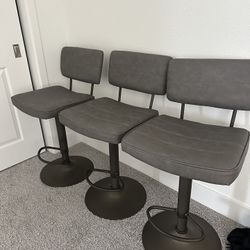 Set of 3 Modern Adjustable Bar Stools – Gray Faux Leather & Dark Bronze Base