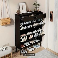 1pc Black Wooden Shoe Cabinet With 2 Flip Drawers - Modern Entryway Storage Organizer - For Home Furniture - Space Saving - Perfect Gift for Housewarm