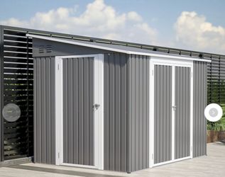 8\' x 6\' Metal Lean to Garden Shed,Outdoor Storage Shed with Lockable Double Doors and Adjustable Side Doors, Weatherproof, Metal Utility Shed, Alumi