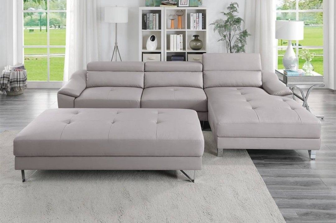 Brand New Leather Light Grey Modern Style Sectional Sofa w Ottoman