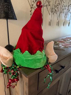 Red and green elf hat with attached ears and decorative ribbons - LIKE NEW - Adjustable